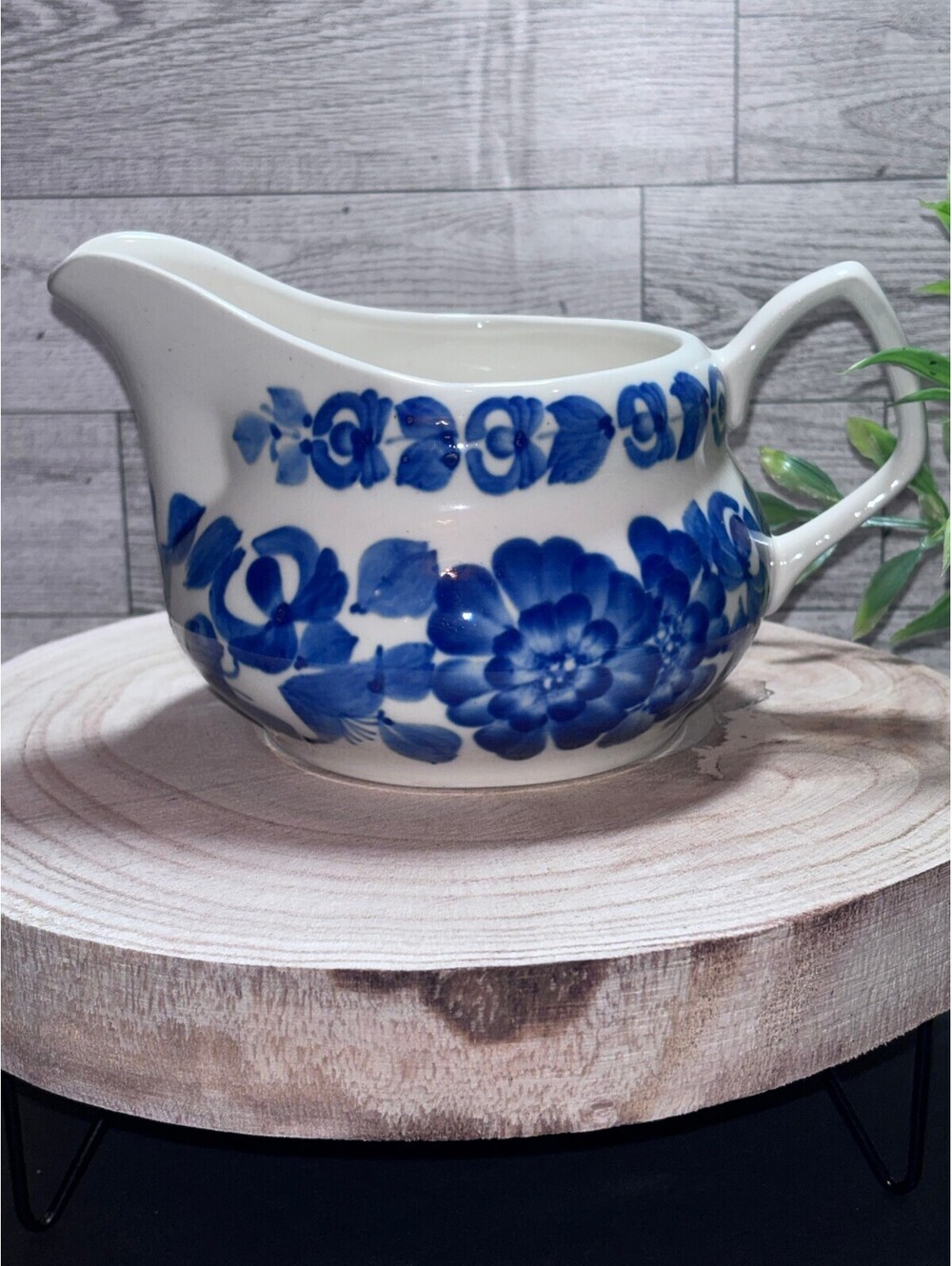 Wloclawek Fajans Ceramic Hand Painted White Blue Floral Cream Jug Creamer